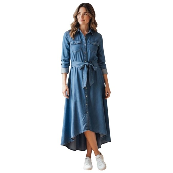 Ashley Stewart Dresses & Skirts - Ashley Stewart Denim Shirt Dress Size 12 Belted Midi Blue Chambray Button Down